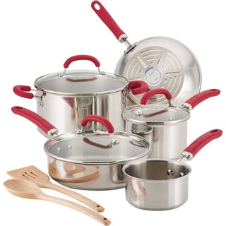 Create Delicious Stainless Steel Cookware Set, 10-Piece Pots and Pans Set, Stainless Steel with Red Handles