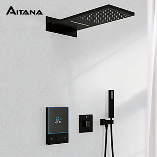 Luxury black brass shower system with digital display screen design Wall mounted dual control cold and hot 3 function shower Tap