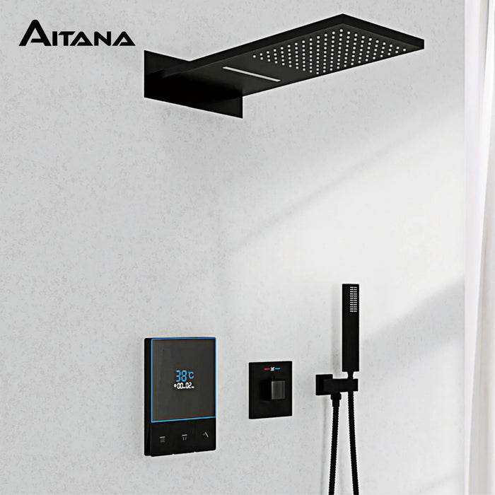 Luxury black brass shower system with digital display screen design Wall mounted dual control cold and hot 3 function shower Tap