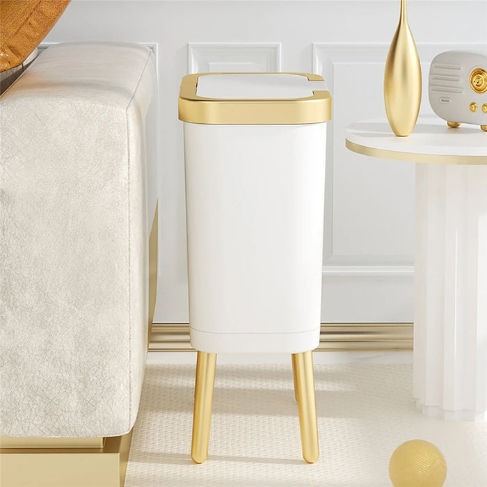 8/15L Top Luxury White Gold Trash Can Kitchen Bathroom High Capacity Garbage Can Four-legged Tall Narrow Trash Bin Storage Box