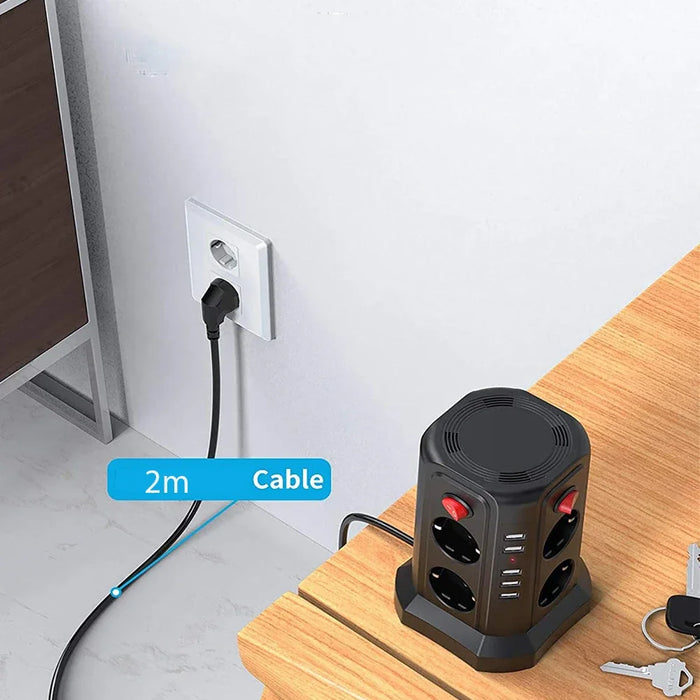 Vertical Power Strip Circuit Surge Protection EU Plug Electrical USB  Socket Tower 8 Way DE Switch Outlets 2m Extenstion Cord