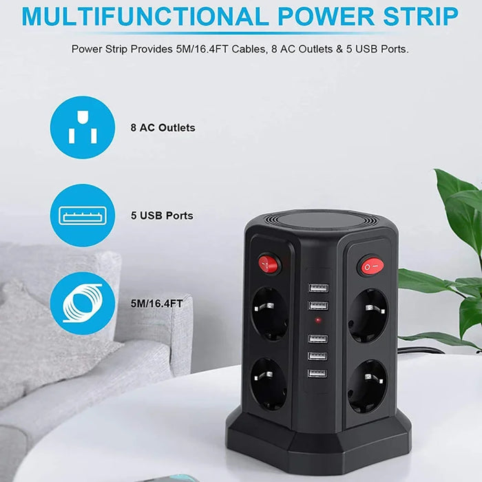 Vertical Power Strip Circuit Surge Protection EU Plug Electrical USB  Socket Tower 8 Way DE Switch Outlets 2m Extenstion Cord