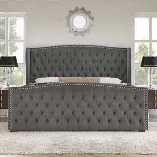King Size Bed Frame, Velvet Upholstered Beds with Deep Button Tufted & Nailhead Trim Wingback Headboard, King Bed Frame