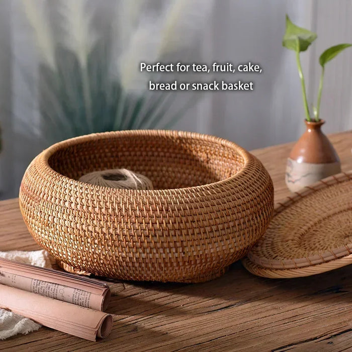 New Handwoven Rattan Storage Box with Lid Tea Food Container Kongfu Tea Set Bread Fruit Basket with Lid Puer Tea Bag Organizer