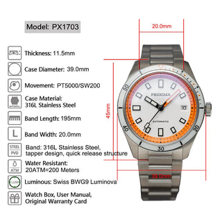 Proxima PX1703 Luxury Diver Watch Business Waterproof Male Clock PT5000 Men Watches Stainless Steel Sapphire Bezel BGW9 Luminous