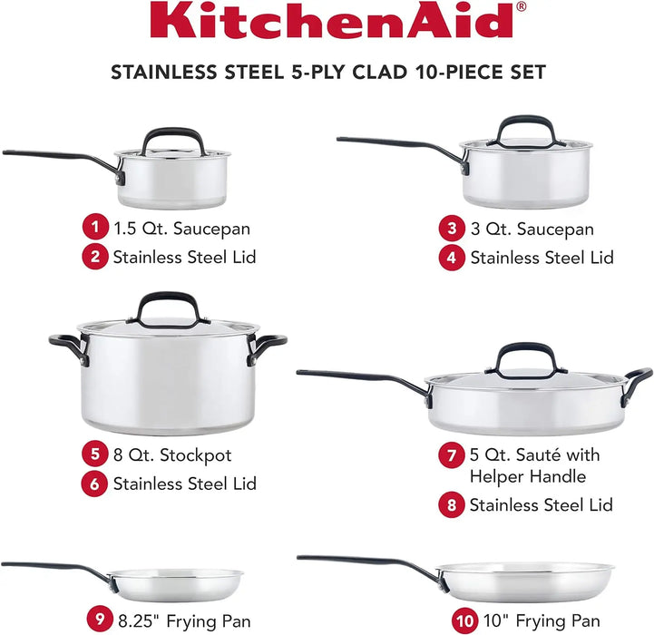 5-Ply Clad Stainless Steel Cookware Pots and Pans Set, 10 Piece, Polished Stainless