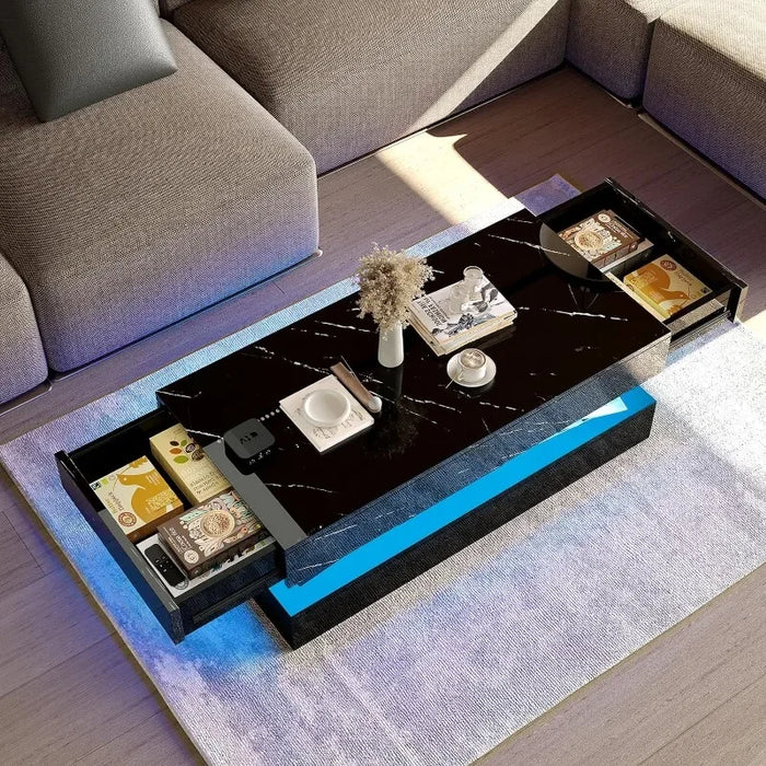 LED Coffee Table with 2 Storage Drawers,Modern High Gloss Black Coffee Table w/20 Color LED Light,2 Tiers Rectangle Center Table