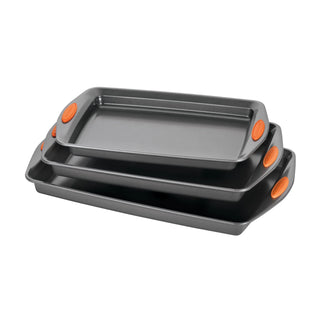 3 Pieces Nonstick Bakeware Cookie Pan Set, Gray with Orange Silicone Grips
