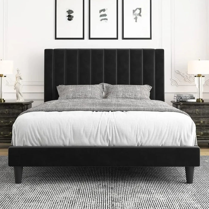 Bedroom furniture velvet upholstered bed frame, platform bed frame, mattress base, box spring optional, easy to assemble, black