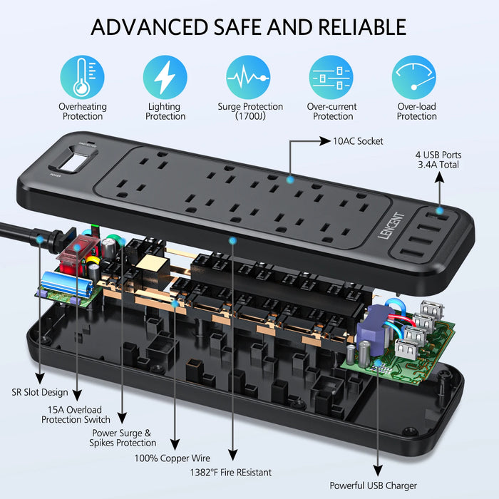 LENCENT Power Strip with 10 Outlets 4 USB 6Ft Extension Cord Surge Protector Polarized 3 Prong to 2 Prong  Adapter for Home