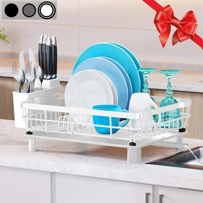 Dish Rack- Durable Dish Drying for Kitchen Counter,Dish Drainers with Drainboard,Kitchen Organization and Storage(White，Metal)