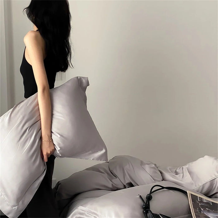 Liv-Esthete Sleep Gift Noble Gray 100% Silk Bedding Set Queen King Duvet Cover Flat Sheet Pillowcase Bed Linen Free Shipping