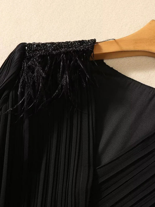 AELESEEN Black Long Pleated Dress Women Runway Fashion V-Neck Feathers Luxury Sequined Embroidery Long Elegant Vintage