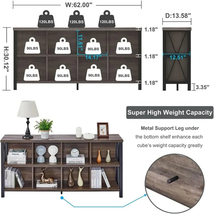 8 Cube Storage Organizer Bookshelf, Rustic Wood Cubby Bookcase, Industrial Horizontal Long Shelf for Living Room (Walnut Brown)