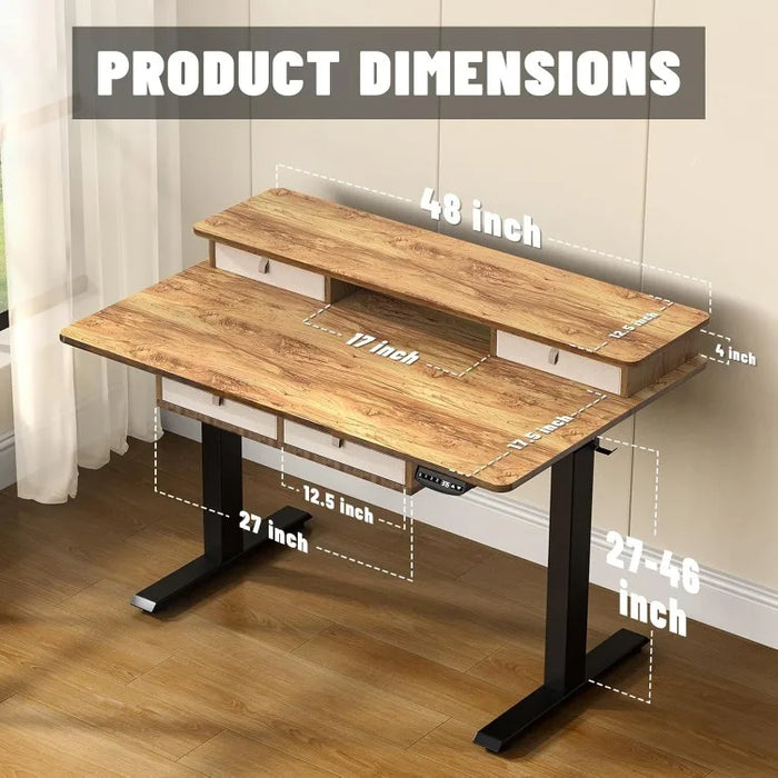 48 * 30 Inches Electric Standing Widened Desk Adjustable Height with 4 Drawers, Double Storage Shelves Stand Up Desk, Home