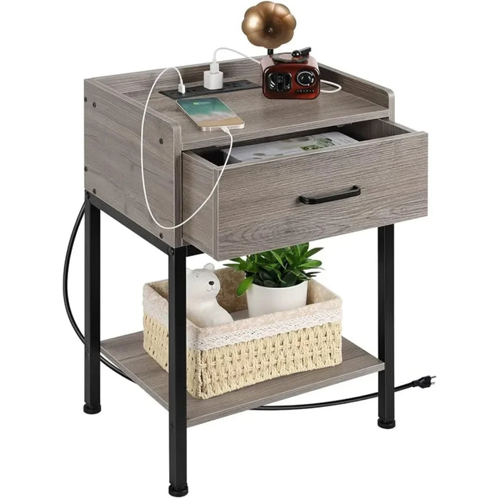 Nightstand with Charging Station 2-Tier, Side Tables Bedroom with Drawer Small, Bedside Table with USB Ports and Outlets