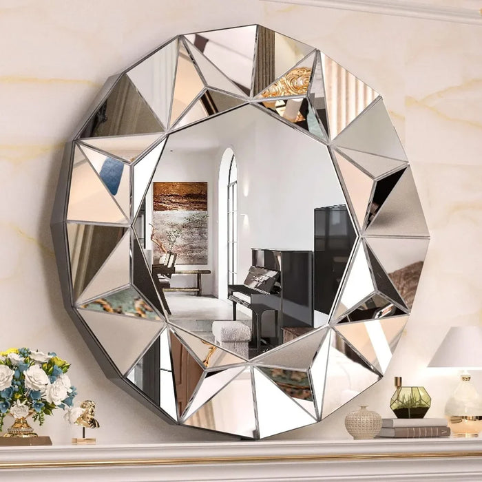 Decorative Mirror, 32-Inch Decor Mirror for Large Room, Beveled Edge Frameless Wall Mount Round Mirror for Living Room, Sliver