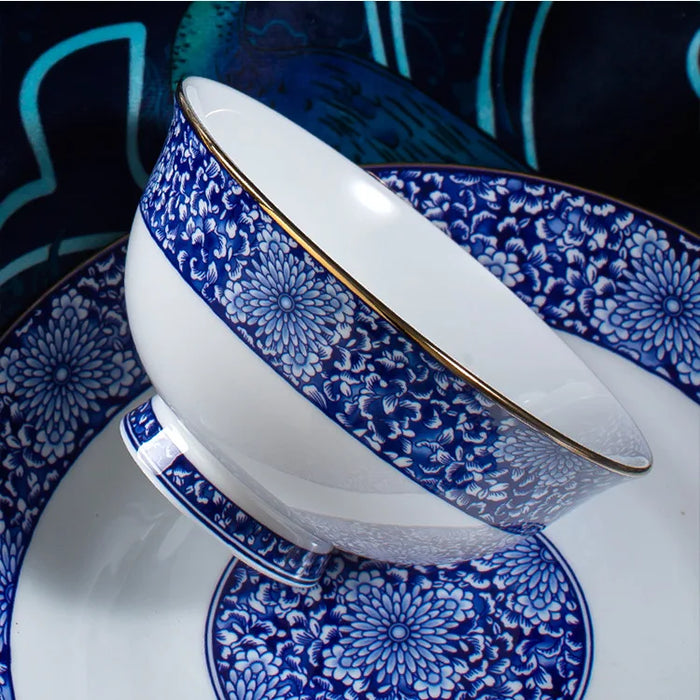 Jingdezhen 58 skull bone china tableware set, bowls and dishes, home gift giving, medium-glazed gold blue and white porcelain