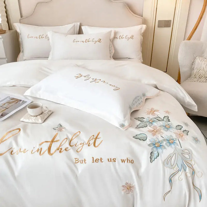 100% Cotton White Bedding Set Luxury Flowers Embroidered Duvet Cover Bed Sheet Pillowcases Solid Color Home Textile