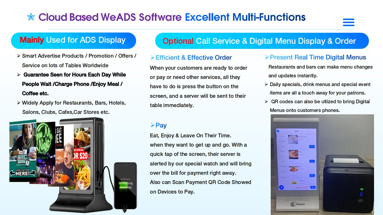 TableTop Digital Menu Advertising Display Waiter Call System for Hotel Restaurant Catering Supplies Commercial Service Equipment