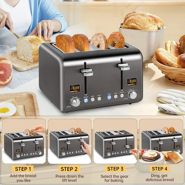 Toaster 4 Slice, Stainless Bread Toaster Colorful LCD Display, 7 Bread Shade Settings, 1.4'' Wide Slots Toaster ，1800W