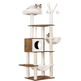 Wooden Cat Tree,55.5“ Cat Furniture with Scratching Posts, Modern Cat Tower with hammocks, Toys, condo, Rustic Brown