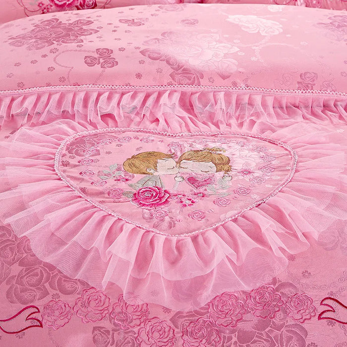 Red Pink Luxury Lace Wedding Bedding Set King Queen Size Princess Bed Set Jacquard Embroidery Duvet Cover Bedspread Bed Sheet