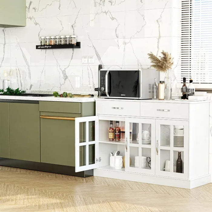 Buffet Cabinet with Glass Doors, Buffet Sideboard Kitchen Sideboard Cabinet Buffet Table with 2 Storage Drawers & Shelves