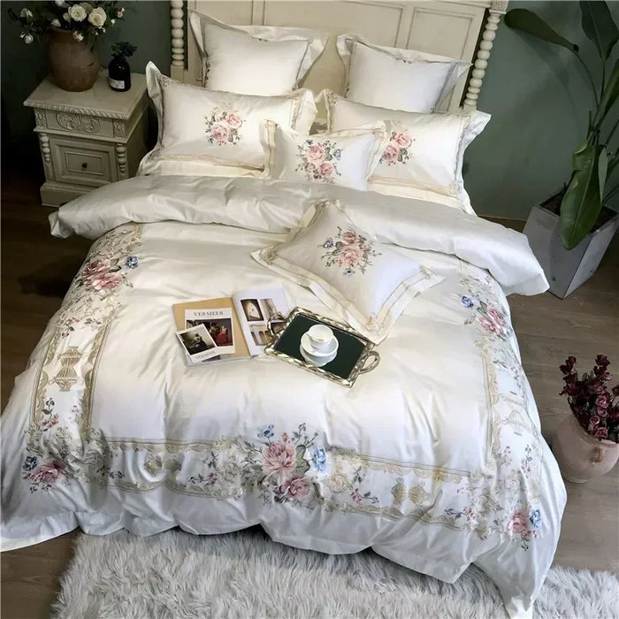 New White Blue Pink Luxury Flowers Embroidery 100S Egyptian Cotton Palace Bedding Set Duvet Cover Bed sheet/Linen Pillowcases