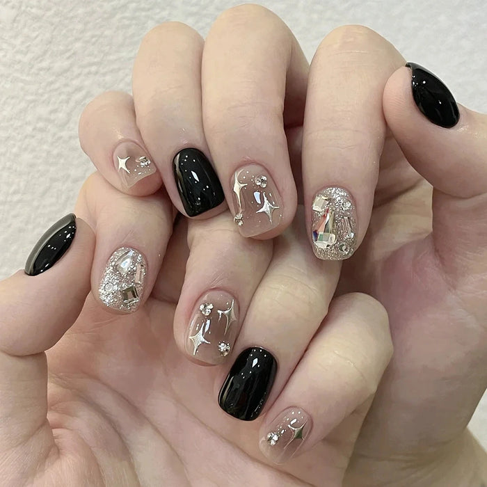 10 Pcs Y2K Press On Nails Hand Made Luxury Wearable Black Sparkling Diamond Decoration Short Artificial Nail Art Tips Manicure