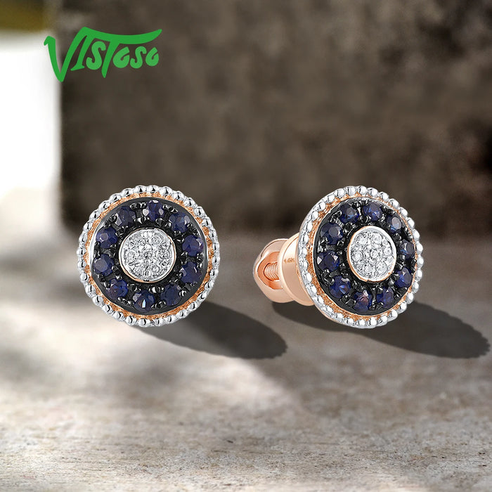 VISTOSO Genuine 14K 585 Rose Gold Screw Earrings For Women Sparkling Round Blue Sapphire Diamonds Daily Ware Trend Fine Jewelry