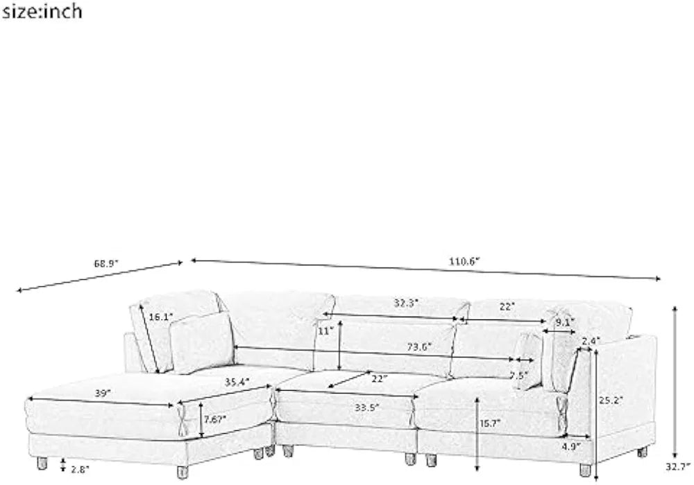 Sectional Comfy Cloud Living Room,L-Shape Chaise Lounge and Comfortable Waist Pillows,2 Pieces Sofas & Couches Sets