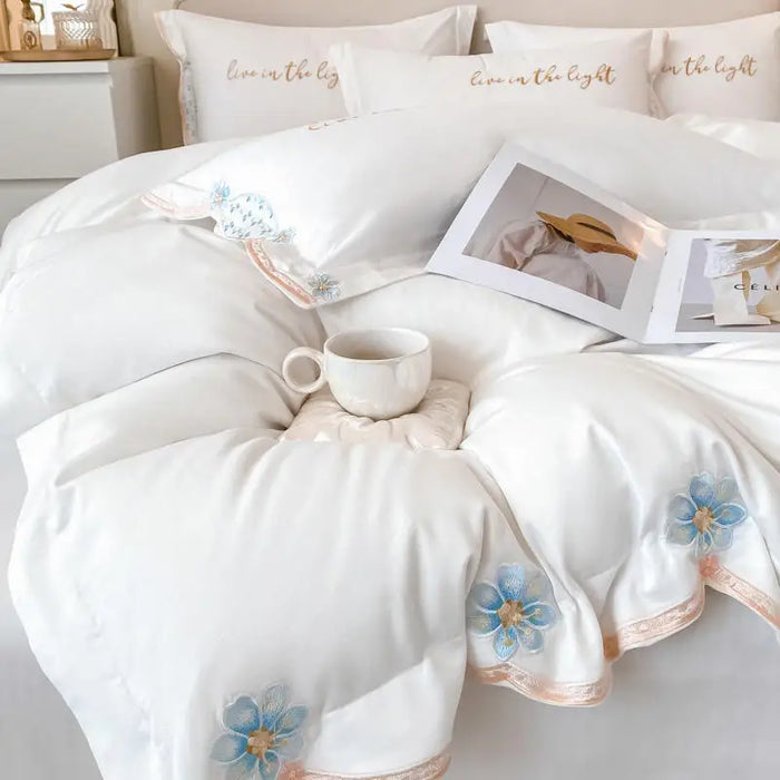 100% Cotton White Bedding Set Luxury Flowers Embroidered Duvet Cover Bed Sheet Pillowcases Solid Color Home Textile