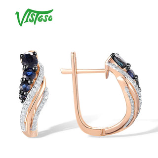 VISTOSO Authentic 14K 585 Rose Gold Earrings For Women Natural Diamonds Blue Sapphire Latch Back Fine Elegant Handmade Jewelry