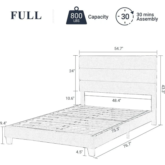 King size platform bed frame,Fabric upholstered headboard and wood slat support,Fully upholstered mattress base/Easy Assembly