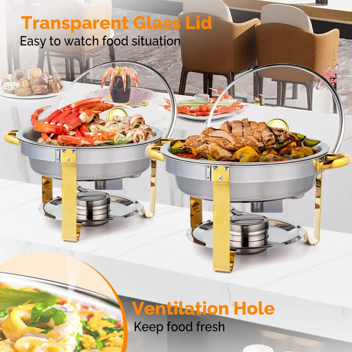 5QT 2-12 Packs Chafing Dish Buffet Set Gold Accent Round NSF Stainless Steel Warmer Glass Lid Holder Catering Event Partie