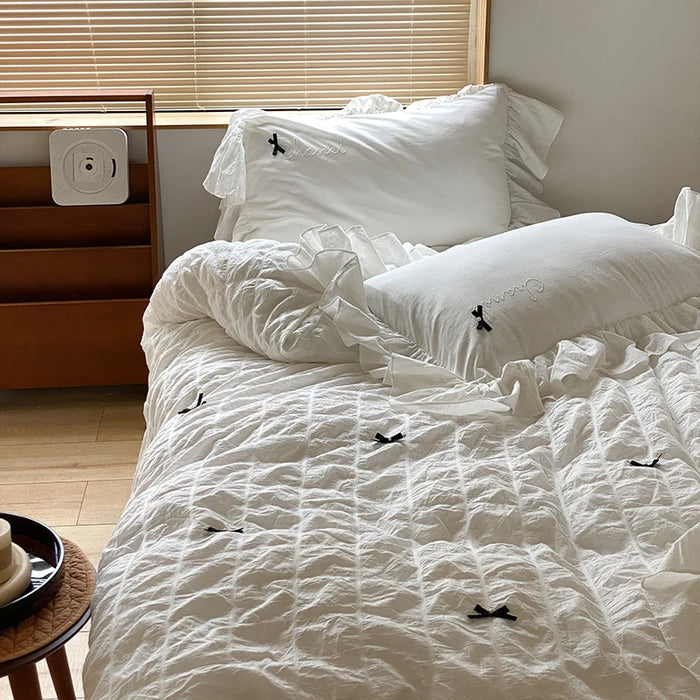 Four-Piece Bed Set White Seersucker Cotton Fairy Style Bow Embroidered Quilt Cover Bed Sheet Volkswagen Bedding Korean Style