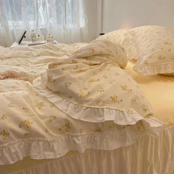 Chic Floral Duvet Cover Set Twin Double Family 100%Cotton Ultra Soft Bedding Elegant White Lace Ruffle Style Bedskirt Pillowcase