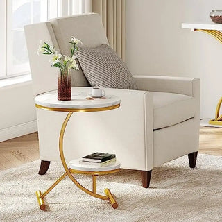 Modern 2-Tier Round End Table with Storage Shelf Faux Marble Top Gold C-Shaped Legs Sofa Side Table