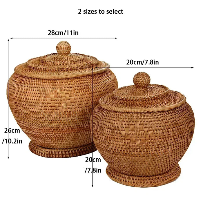 New Handwoven Rattan Storage Box with Lid Tea Food Container Kongfu Tea Set Bread Fruit Basket with Lid Puer Tea Bag Organizer