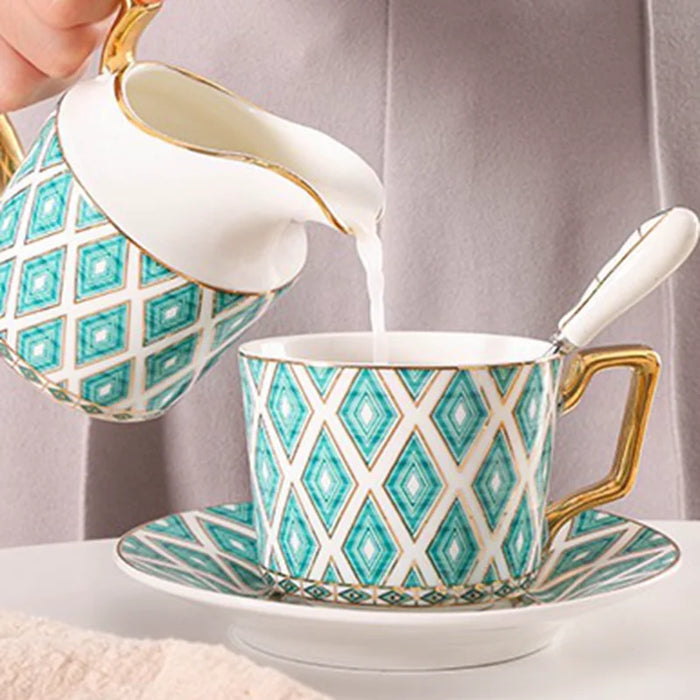 15pcs Set European Phnom Penh Emerald Metal Cup Ceramic Coffee Tea Set Mug Sugar Bowl Creamer Teapot Milk Jug Coffeeware