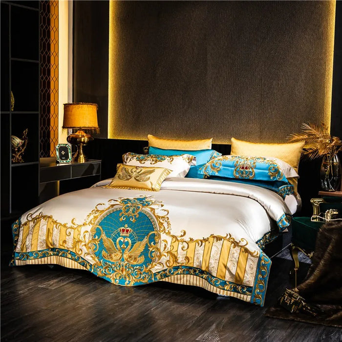 Gold and Blue Embroidery Satin Comforter Cover 4/6/10Pcs Bedding set Quilted Cotton Bedspread Flat/Fittedsheet Square pillocases