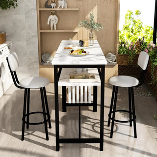 3 Piece Bar Table and Stool Set,Modern White Faux Marble Table & 3 PU Mat Bar Stools,Kitchen Counter with 2 Levels Storage Shelf
