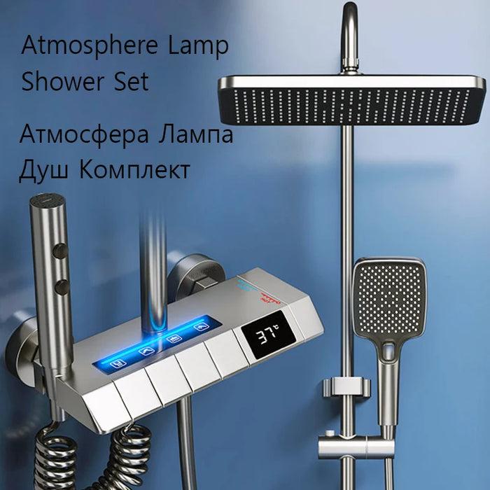 White Grey Rainfall Shower System Suit Bathroom Brass LED Digital Faucet Set Bathtub 4 Way Pressurized Shower Full Set