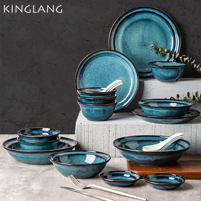 Kinglang 38pcs a Set New Beautiful Ceramic Klin Blue Color Dinnerware Set Wholesale Dinner Plate and Bowl Tableware Set