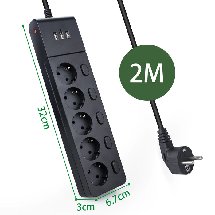 Multiple Power Strip Surge Protection Eu Plug Electrical Extension Sockets with USB 5 way Outlets Independent Control 2m Cord