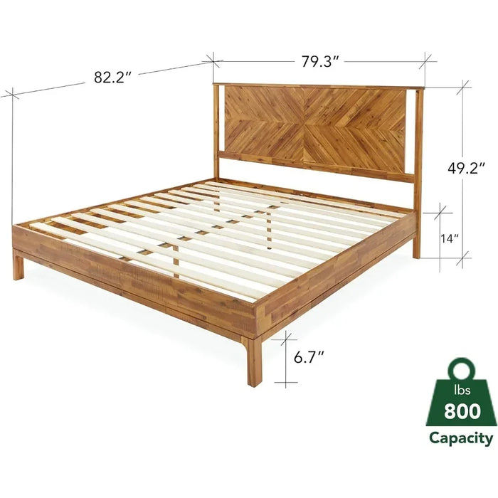 Luxury Bed Frame with Headboard, Solid Acacia Wood, No Need for Springs, 12 Sturdy Wooden Slats Support, Easy To Assemble