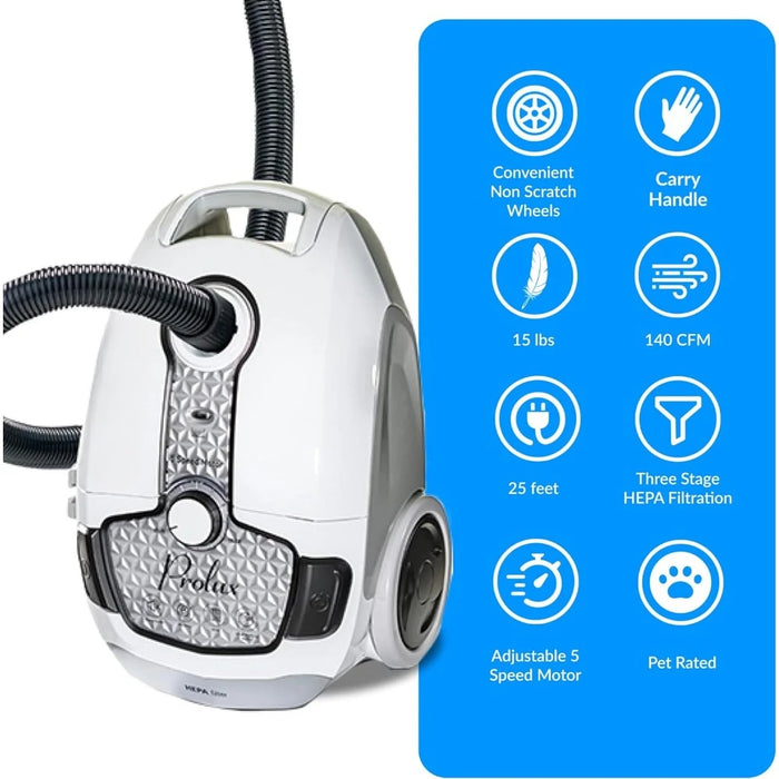 Bag and can filter vacuum cleaner complete home care kit, pet hair removal, adjustable power setting, white