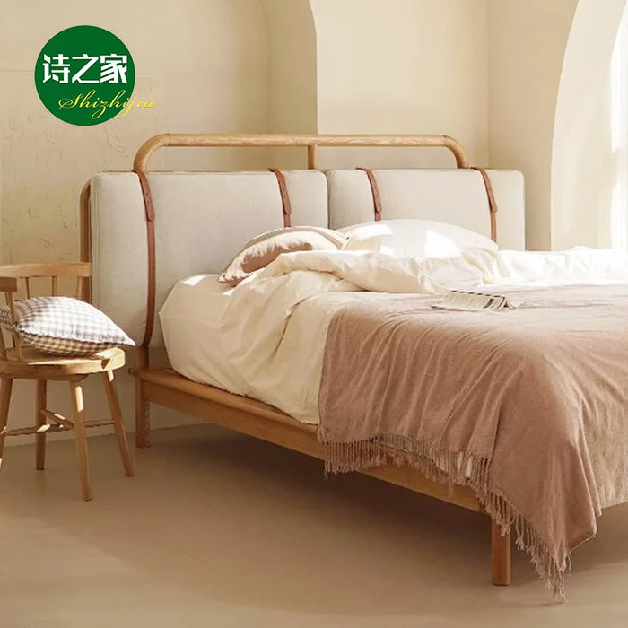 Japanese style solid wood rattan bed, small unit bedroom, 1.8m retro double, homestay hotel, oak master bedroom rattan