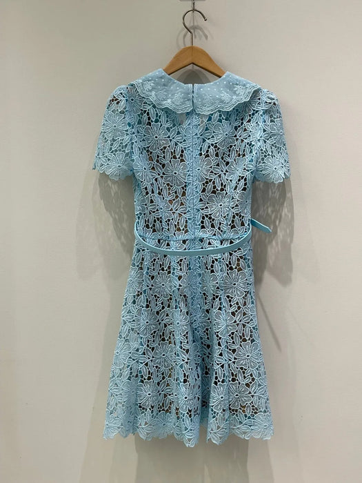 2024 Spring/Summer New Women's Wear Mist Blue Lapel and Waist Tight Sweet Lace Hollow-out Elegant Dress 0424